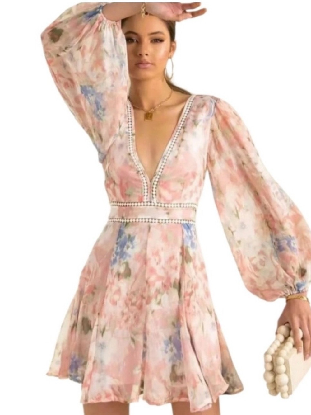 Beulah Sheer Watercolor V-Neck dress in Pink, Blue & Cream